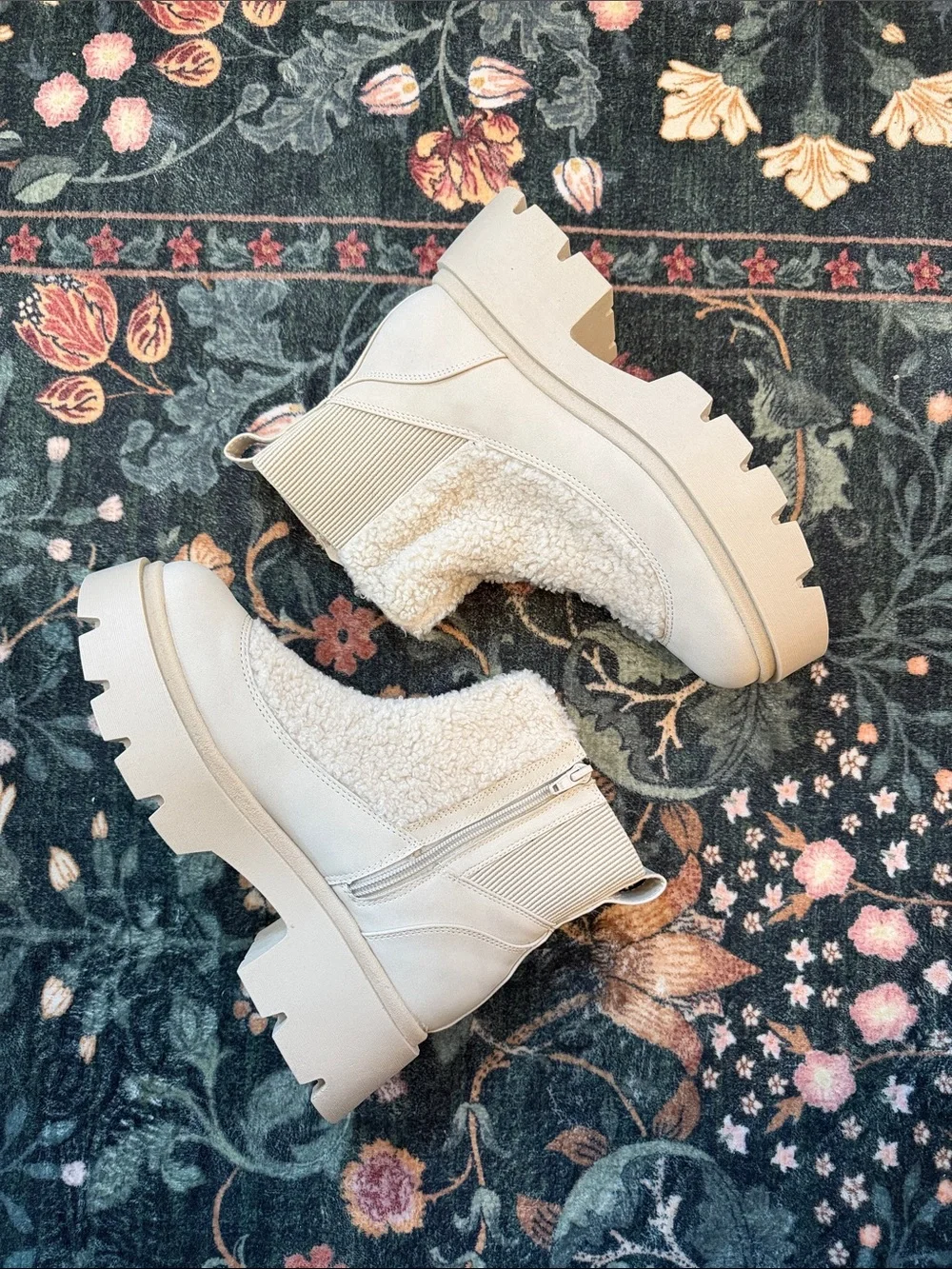 Neutral Cream Women's Lug-Sole Sherpa Ankle Boots